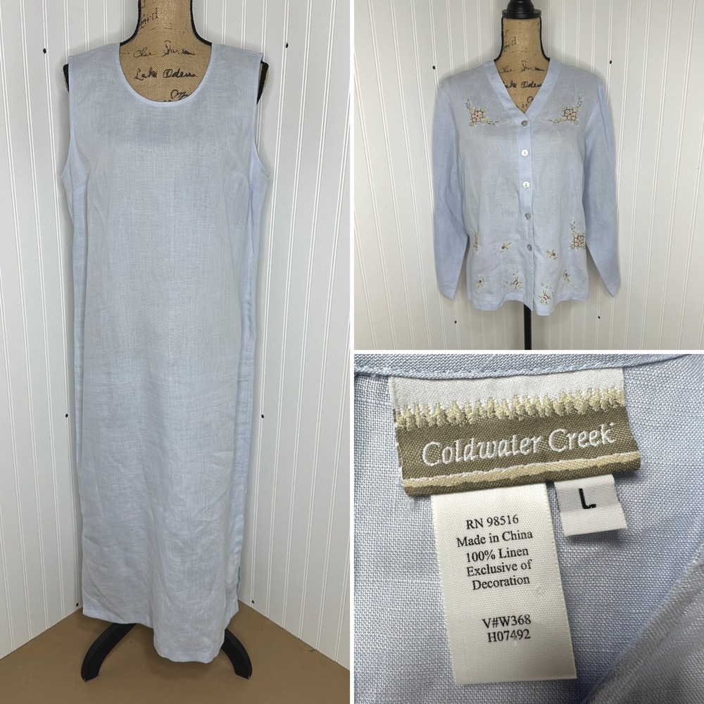 Coldwater Creek Linen Maxi Dress Embroidered Jacket Set Light Blue Cottage Sz L